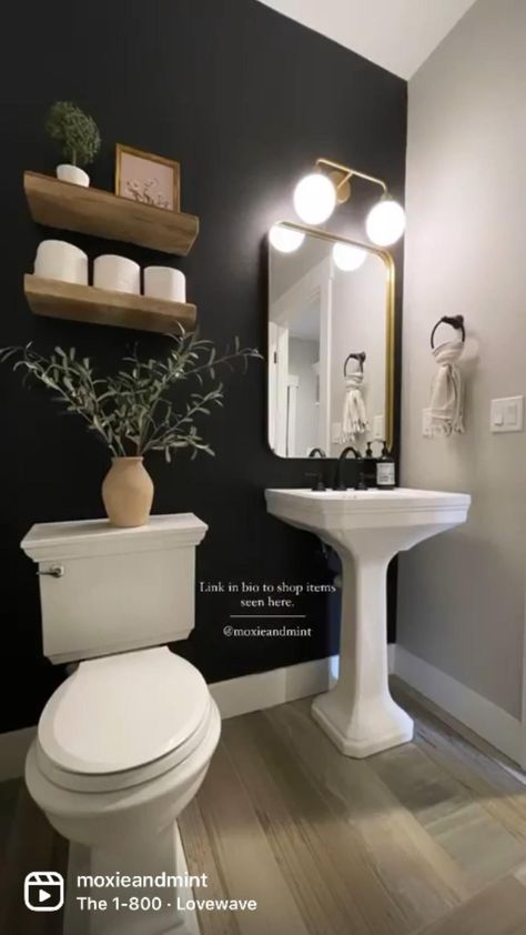 [Ad] Difficulty: Medium Paint - Sw Tricorn Black  Lighting Fixture  Mirror  Floating Shelves Find All Source Links Here: Https://Liketk.It/3Han7 #smallblackhalfbathroomideas Powder Room Ideas Elegant Modern, Black Half Bathroom, Sw Tricorn Black, Powder Bathroom Ideas, Half Bathroom Design, Half Bathroom Ideas, Half Bath Decor, Small Half Bathroom, Small Half Bath