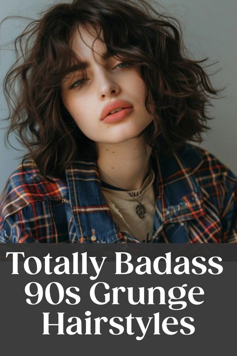 Young woman with wavy, tousled hair wearing a plaid shirt, epitomizing 90s grunge fashion. Text: "Totally Badass 90s Grunge Hairstyles". 90s Style Layers, Grunge Lob Haircut, Kate Moennig Hair, 90s Space Buns Grunge, 90 Hairstyles 90s Hair Grunge, Cute Hair 40 Year Old, Grunge Haircut Ideas, Haircuts For Messy Hair, Medium Punk Hairstyles