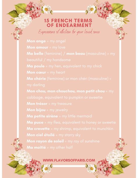 Impress your sweetheart with one of these French expressions of affection. Some of them might surprise you! French Terms Of Endearment Love, French Romantic Words, Love Letters In French, French Terms Of Endearment, French Endearment, French Terms, Patisserie Shop, French Sentences, French Aesthetic