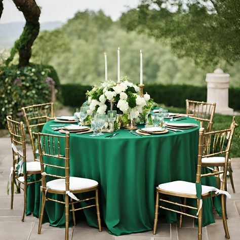 Polyester 120 Round Tablecloth - Emerald Green Emerald Table Centerpieces, Quinceanera Main Table Ideas Emerald Green, Emerald Green Table Setting, Emerald Green Wedding Table Setting, Green Tablecloth Wedding, Forest Green Wedding Decor, Emerald Green And Champagne Wedding, Round Table Decor Ideas, Small Quince