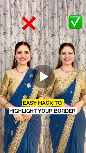 Heena Gehani on Instagram: "To highlight the border of your saree, here is a quick hack to create pallu pleats that draw attention to the intricate design. 
This simple technique allows you to showcase the beauty of your saree’s edge while adding a touch of elegance to your overall look.
This saree is a perfect pick for your festive and wedding occasions 
Received this saree from @thehanger.in 

Check their page @thehangr.in for more such amazing collection.
.
.
.
#sareedraping #saree #sareelove #sareetips #sareedrape #openpallu #sareetutorial #sareedrapist #sareeforbeginners #sareehack #thehangr #sarees #blouses" How To Drape Dupatta On Sharara, Saree Pallu Draping Styles, Blouse Design For Designer Saree, Design Blouses For Sarees, How To Pleat Saree Pallu, Pallu Pleating, Simple And Elegant Saree Look, Saree Pleats Techniques, Diy Saree Blouse