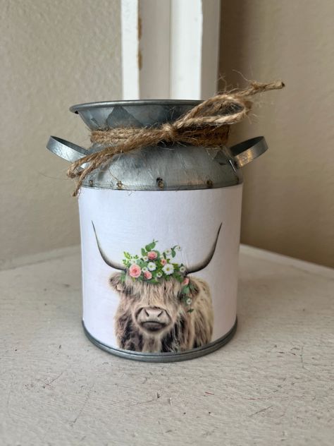 Highland Cow Kitchen Decor, Highland Cow With Flowers, Painted Milk Cans, Milk Can Decor, Cow With Flowers, Farmhouse Shelves Decor, Cow Kitchen Decor, Cow Kitchen, Buffalo Plaid Decor