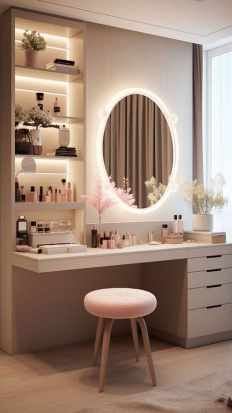 https://pin.it/1kMsa2QLF Dressing Table Ideas Bedroom Full Mirror, Led Dressing Table, Bathroom With Dressing Table, Makeup Room Setup Ideas, Long Dressing Table Design, Dressing Table Bathroom, Home Design Accessories, Dressing Tables Ideas, Vanity Ideas Bedroom With Shelves