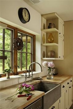 Cream Cabinets Butcher Block Counter, Windows In Kitchen, Kitchen Window Ledge, Bamboo Counter, Soapstone Sink, Wood Counters, Kitchen Sink Window, Cream Cabinets, Kitchen Windows