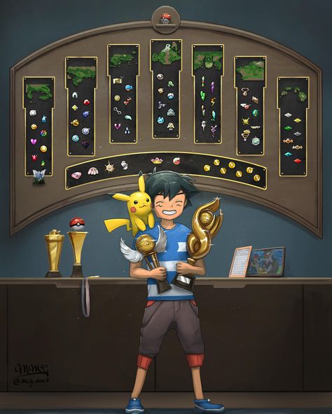 Ash's Trophy Room Ash Ketchum Pokemon, Pokemon Artwork, Satoshi Pokemon, Ewolucje Eevee, Kartu Pokemon, Pokemon Ash Ketchum, Solgaleo Pokemon, Pokemon Ash And Serena, Pokemon Mew