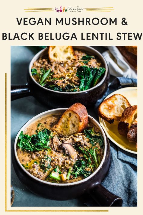 Creamy Mushroom and Black Beluga Lentil Stew | Rainbow Plant Life- This Creamy Mushroom and Black Beluga Lentil Stew is vegan, gluten-free, and plant-forward, but creamy and delicious. With hearty black beluga lentils, umami-packed mushrooms, and nutrition superstar kale, this is comfort food you can feel good about! Click for the recipe! Lentil Crockpot, Black Beluga Lentils, Rainbow Plant Life, Stew Crockpot, Black Lentils, Mushroom Stew, Vegan Mushroom, Soup Vegan, Lentil Stew