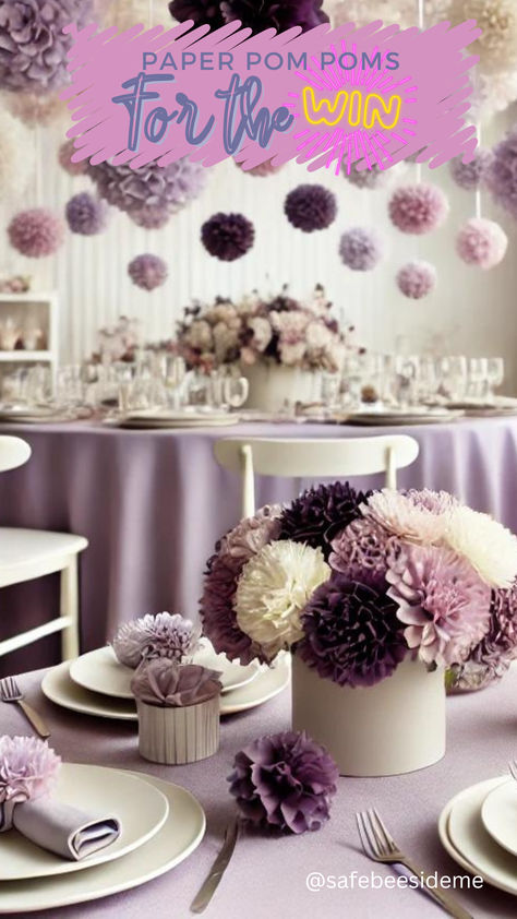 Vibrant baby shower setup featuring a range of paper pom poms and lanterns in shades of purple, from pale lavender to deep violet, elegantly suspended above a tastefully decorated table. The decor provides a festive and stylish atmosphere perfect for any celebration. *We may earn a commission from your purchase. Lavender Baby Shower Centerpieces, Tissue Paper Pom Poms Decoration, Paper Lantern Centerpieces, Purple Party Decorations, Lavender Baby Showers, Tissue Pom Poms, Lantern Centerpieces, Tissue Paper Pom Poms, Paper Pom Poms