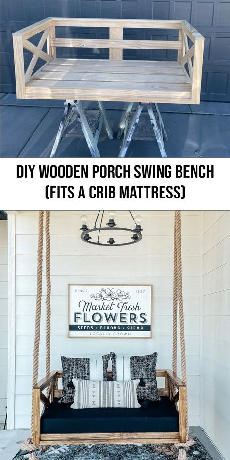 Check out this easy tutorial to build How to Build the Perfect Wooden Porch Swing bench. We spend so much time on this swing! Small Bed Swings, Front Porch Bench Ideas Wood, Diy Porch Build, Wood Swings Outdoor, Back Porch Farmhouse, Diy Porch Bench, Front Porch Swing Ideas, Diy Wooden Porch, Backyard Swing Ideas