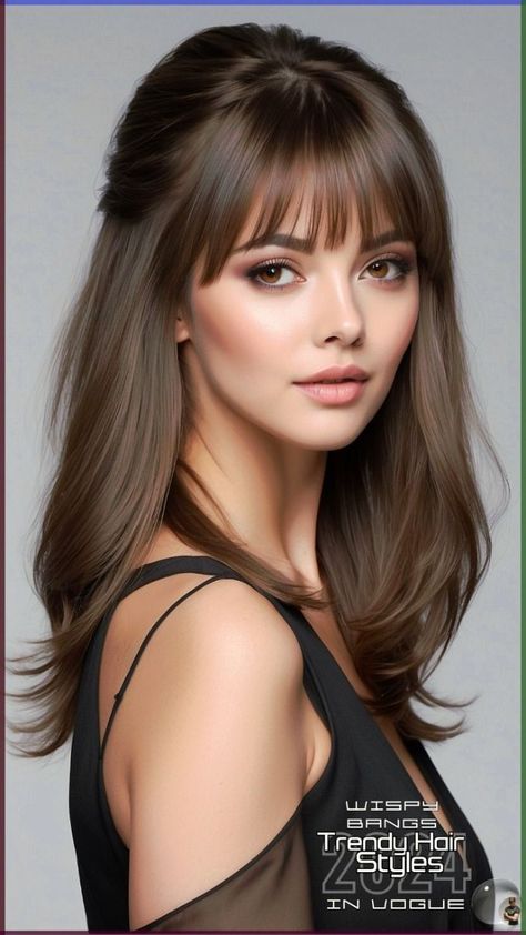 Sophisticated Feather Haircuts to Elevate Your Look Low Buns With Bangs, Medium Hair With Bangs Straight, Medium Hair With Bangs Round Face, Wispy Bangs Round Face Long Hair, Bangs With A Cowlick, Brunette With Bangs, Bangs For Oval Face, Wispy Bangs Round Face, Piecey Bangs