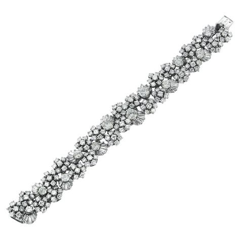 Mid Century Diamond Bracelet | See more rare vintage More Bracelets at https://www.1stdibs.com/jewelry/bracelets/more-bracelets Sparkle Bracelet, Indian Wedding Jewelry, Expensive Jewelry, Baguette Cut, High Jewelry, Floral Patterns, Round Cut Diamond, Brilliant Cut Diamond, Luxury Jewelry