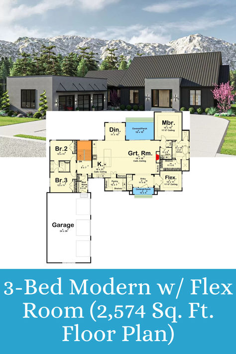 Experience contemporary living with this 3-bedroom modern home designed for style and versatility. Spanning 2,574 sq. ft., the floor plan features a unique courtyard garage, a spacious open layout, and a flex room perfect for a home office, gym, or guest space. Ideal for families or anyone seeking modern elegance with functional design! U Shaped House Plans Courtyards, Courtyard Garage House Plans, Home With Courtyard, U Shaped House Plans, U Shaped Houses, Room Floor Plan, Courtyard Garage, Ceiling Shelves, Garage House Plans