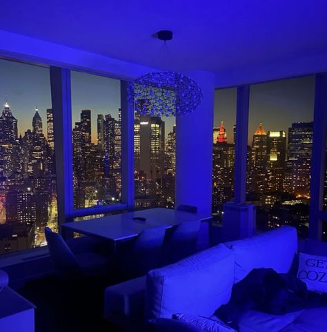 Blue Apartment Aesthetic, City Apartment Decor, Vibey Apartment, Pretty Apartments, Decorating Apartment, Penthouse View, Apartment Decor Ideas, Apartment Decorating Ideas, Living Room Apartment