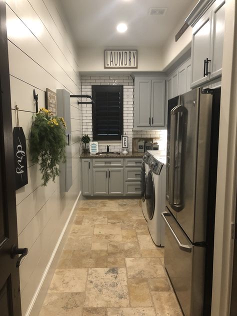 Laundry Room With Refrigerator Design, Laundry Room Between Kitchen And Garage, Laundry Room With Refrigerator Ideas, Pantry And Laundry Room Ideas, Long Narrow Laundry Room Makeover, Laundry Room Refrigerator, Kitchenette Laundry Combo, Laundry Room With Fridge Ideas, Upright Freezer In Laundry Room