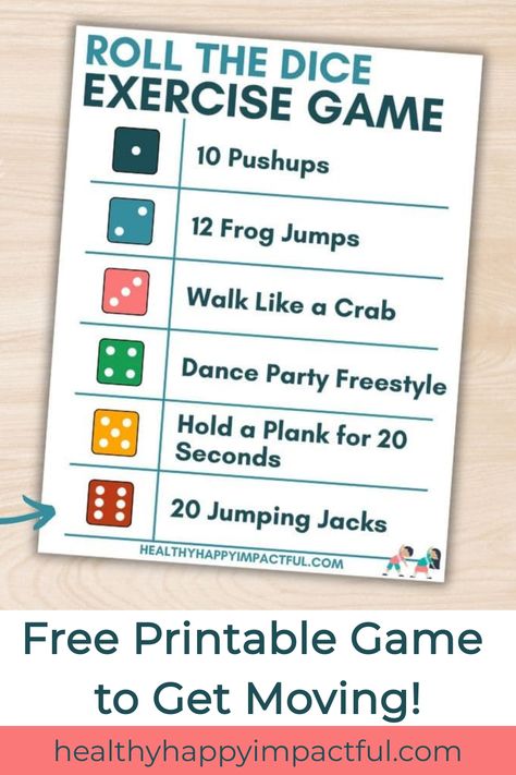 Roll the dice exercise game with exercises like pushups and jumping jacks. Fun Exercise Games, Roll The Dice Game, Exercise Games, Tongue Twisters For Kids, Riddles Kids, The Dice Game, Free Printable Games, Behaviour Management, Creativity Exercises