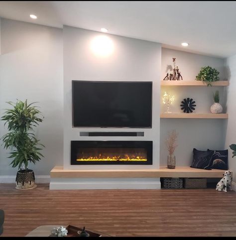 Electric Fireplace Ideas With Tv Tall Wall, Built In Around Fireplace, Built In Electric Fireplace, Feature Wall Living Room, Built In Shelves Living Room, Build A Fireplace, Living Room Built Ins, Basement Living Rooms, Fireplace Built Ins