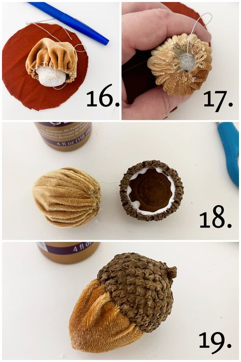 Velvet Acorns Diy, Acorn Sewing Pattern Free, Fabric Acorns Pattern, Diy Acorns How To Make, Fabric Acorns Diy, Acorn Diy Decor Fall Crafts, Acorn Ornaments Diy, Velvet Mushrooms Diy, Acorn Pincushion