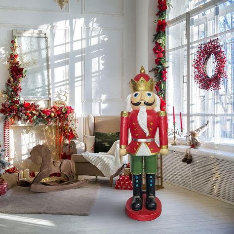 All dressed up in his best red coat, green pants, black boots, and festive crown, this nutcracker king is ready to greet your family and guests by the front door, next to the fireplace, or by the tree. PRE-LIT WITH MULTI-COLOR LED LIGHTS: Prelit with colorful, long-lasting LED lights that will cast a special glow on your Christmas display. LIFE-SIZE STATUE: This traditional 5-ft. nutcracker king figurine with his gold crown will delight your friends and family for years to come... Fraser Hill, Resin Decor, Nutcracker Soldier, Golden Gate Park, Christmas Figurines, Red Coat, Nutcracker Christmas, Green Pants, Outdoor Christmas Decorations