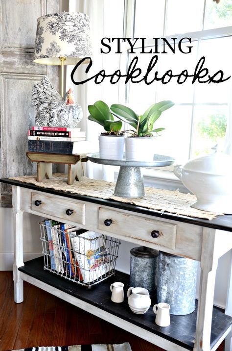 STYLING COOKBOOKS Decor On Top Of Fridge, Cookbook Display, Kitchen Bookshelf, Cookbook Storage, Cookbook Shelf, Buffet Table Decor, Console Table Styling, Bookcase Styling, Diy Entryway