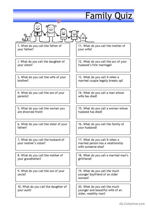 Quiz - Family general vocabular…: English ESL worksheets pdf & doc Common Sense Quiz, Family Questions, Family Quiz, Sentence Correction, Word Document, Vocabulary Practice, Vocabulary Worksheets, Esl Worksheets, Common Sense