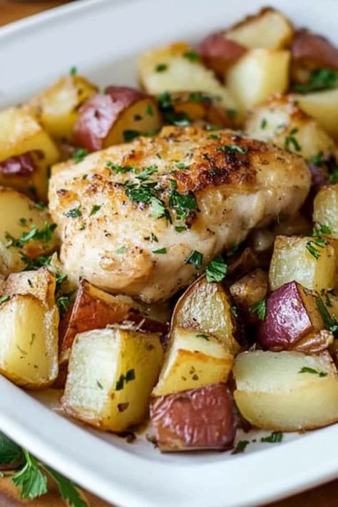 Chicken Potatoes Bake Whole 30 Chicken And Potatoes, Chicken With Roasted Potatoes Dinners, Chicken Potatoes Onions Dinners, Chicken And Potato Bake One Pan, Roasted Chicken And Potatoes Recipes, Chicken Breast Recipes With Potatoes, Chicken Dishes For A Crowd, Baked Chicken And Potatoes Oven, Chicken And Potatoes Recipes Baked