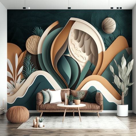 Earthy Mural, Living Hall Design, Green Wall Design, Interior Murals, Drawing Room Interior Design, Study Room Design, Modern Living Room Interior, Room Wall Painting, Bedroom Wall Designs