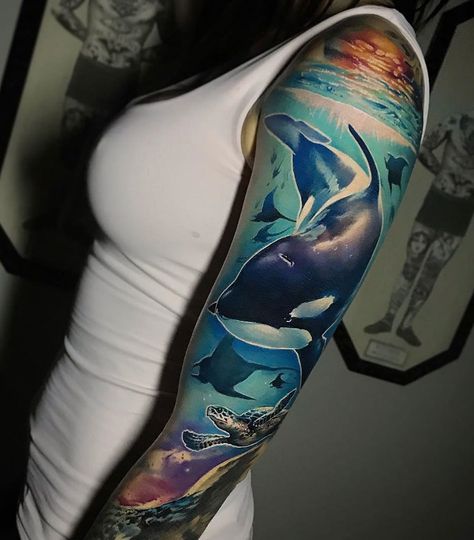 Underwater scene with an orca, rays and a turtle, full sleeve by Sandra Daukshta, an artist based in Riga, Latvia. Underwater Tattoos, Sea Tattoo Sleeve, Ocean Theme Tattoos, Natur Tattoo Arm, Ocean Sleeve Tattoos, Underwater Tattoo, Ocean Sleeve, Tattoo Perna, Orca Tattoo