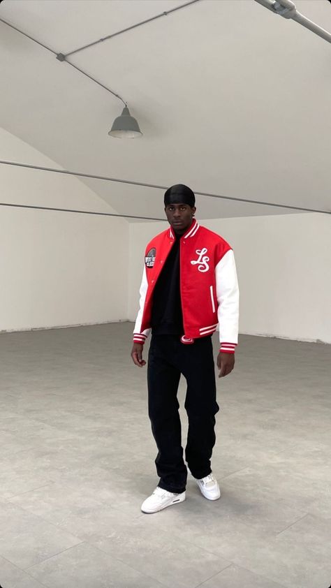 Varsity Jacket Poses Men, Red And Black Outfits Men Street Styles, Red Varsity Jacket Outfit Men, Men Valentines Day Outfit, Red Varsity Jacket Outfit, Red Outfits Men, Red Outfit Men, Y2k Streetwear Aesthetic, Streetwear Boy