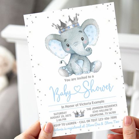 Boy Elephant Prince Baby Shower Invitation Elephant Invitations, Elephant Baby Shower Invitations Boy, Sprinkle Baby Shower Invitations, Unique Baby Shower Themes, Prince Baby Shower Invitations, Baby Boy Invitations, Classy Baby Shower, Elephant Baby Shower Boy, Blue Baby Shower Invitations