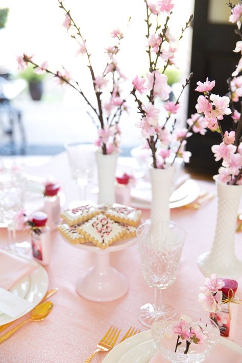 Stunning Japanese Cherry Blossom Party Tablescape via @pizzazzerie, featuring scented guest favors by @bathbodyworks Cherry Blossom Centerpiece, Cherry Blossom Wedding Theme, Cherry Blossom Party, Sakura Wedding, Flower Aesthetics, Japanese Party, Cherry Blossom Theme, Party Tablescapes, Cherry Blossom Wedding