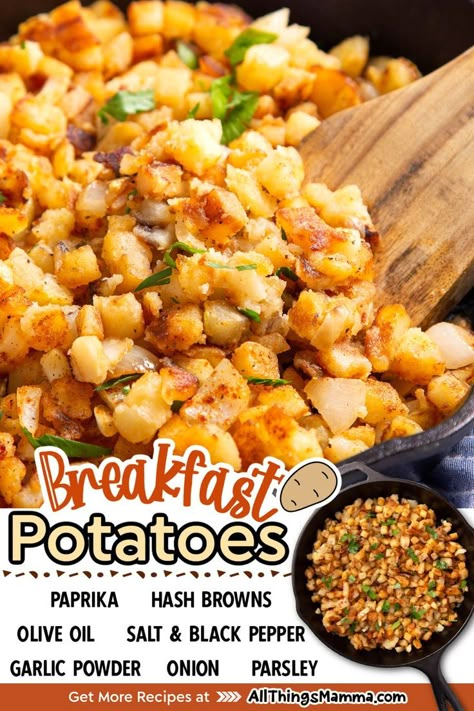 Breakfast Potatoes served in a cast iron skillet. ingredients to make Breakfast Potatoes. Potato Recipes Fried, Potato Recipe Healthy, Appetizers Potato, Easy Breakfast Potatoes, Best Fried Potatoes, Frozen Hashbrown Recipes, Crispy Breakfast Potatoes, Frozen Hash Browns, Leftover Breakfast