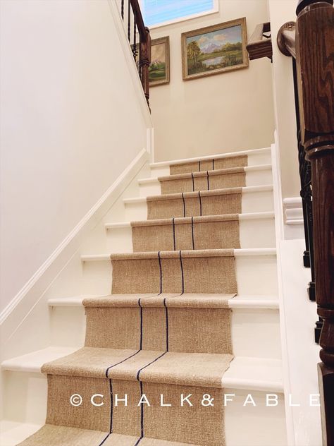 Painted Runner On Stairs, Jute Rug Stair Runner, Painted Stairs Carpet Runner, Grain Sack Stair Runner, Striped Runner Stairs, Farmhouse Stairs With Runner, Hessian Stair Runner, Cottage Stair Runner, Stairwell Runner Ideas