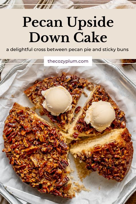 Pecan Pie Upside Down Cake, Gluten Free Pecan Upside Down Cake, Pecan Pie Upside Down Cake Recipe, Upside Down Pecan Loaf Cake, Upside Pecan Cake, Upside Down Pecan Cake, Pecan Cake Recipes, Upside Down Apple Pecan Pie, Pecan Upside Down Cake