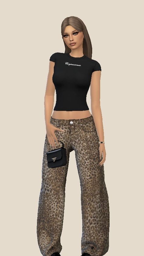 leopard jeans 🐆 • t-shirt | jeans | purse | trainers credit to all the amazing cc creators 🤍 @rimings @seoulsoul-sims Fashion Magazine Aesthetic, Magazine Aesthetic, Jeans Purse, Leopard Jeans, Jean Purse, Sims4 Clothes, Jeans T Shirt, Tumblr Outfits, Sims 4 Game