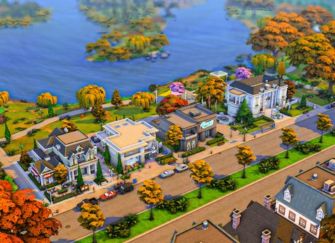 Street View of my Community street in Willow Creek ༄˖°.🍂.ೃ࿔*:･ 🏷️ #thesims #sims4 #thesims4 #sims #showusyourbuilds #simsnocc #simsbuilds Sims 4 Oasis Springs Community Lot, Sims 4 Willow Creek Park, Ts4 Willow Creek, Landing Ideas, Sims Builds, Minecraft Modern, Building Illustration, My Community, Willow Creek