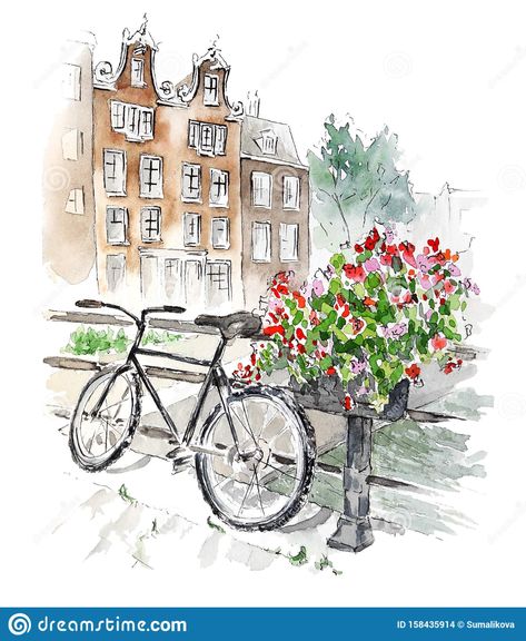 Painted Bike, Travel Art Journal, Illustration Art Kids, Watercolor Architecture, House Sketch, Watercolor Journal, Traditional Houses, Cow Painting, Amsterdam Netherlands