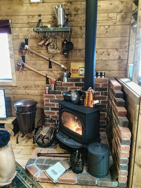 Wood Stove Surround, Wood Stove Hearth, Wood Burning Stoves Living Room, Wood Stove Fireplace, Yoga Burn, Casa Country, Cabin Interiors, Cabin Living, Tile Shower Ideas