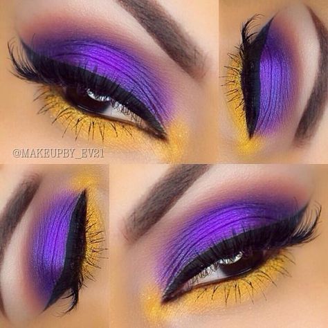 Lakers Makeup Ideas, Lakers Makeup, Lakers Nails, Christmas Eye Makeup, Makeup 2018, Yellow Makeup, Yellow Eyeshadow, Colored Hair Tips, Purple Eye Makeup