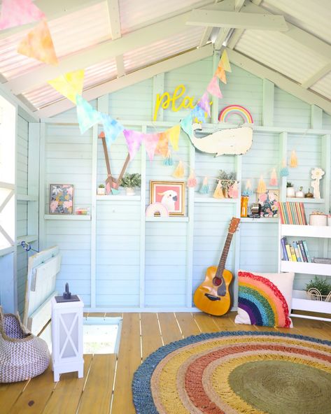 the blue house: basement and outside makeover Summer House Playroom, Wendy House Decoration Ideas, Wendy House Makeover, Shed Playhouse Ideas, Beach Playhouse Makeover, Club House Interior, Colorful Playhouse, Clubhouse Decor Ideas, Inside Wendy House Ideas