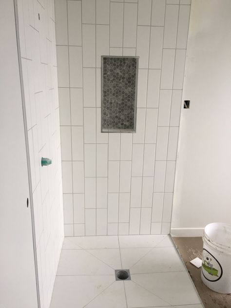 Stacked Subway Tile Shower With Niche, 4x16 Subway Tile Bathroom Vertical, Bathroom Remodel Hexagon Tile, Vertical Brick Pattern Tile, Vertical Offset Tile, Vertical Offset Subway Tile, 4x16 Subway Tile Bathroom, Vertical Tile Bathroom, Large Subway Tile Shower White