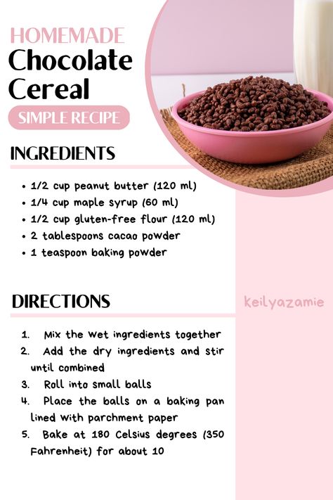 ♡₊˚⊹ FOLLOW FOR MORE ₊˚⊹♡ Looking for a delicious and easy breakfast recipe that's perfect for chocolate lovers? Look no further! Our homemade chocolate cereal recipe is a must-try. Sprinkle it over yogurt or enjoy it with your favorite milk for a satisfying breakfast that will keep you fueled all morning long. Don't miss out on this tasty treat - give it a try and let us know what you think! #chocolatecereal #homemadecereal #breakfastideas #healthybreakfast #foodie #yum Breakfast Cereal Recipes, Homemade Cereal, Chocolate Cereal, Easy Breakfast Recipe, Homemade Breakfast, Cereal Recipes, Breakfast Cereal, Gluten Free Flour, Breakfast Recipe