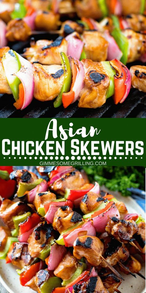 Tender, juicy chicken on skewers with peppers and onions make these Asian Chicken Skewers the perfect quick dinner recipe! They are also so delicious they can easily be served when you entertain! #chicken #asian #marinated #skewers #kebabs #kabobs #peppers #onion #grill #grilling #gimmesomegrilling #easy #easyrecipe #grillingrecipe via @gimmesomegrilling Asian Chicken Skewers, Chicken On Skewers, Asian Marinade For Chicken, Chicken Asian, Asian Marinade, Grilled Recipes, Muffins Breakfast, Grilling Ideas, Grill Time