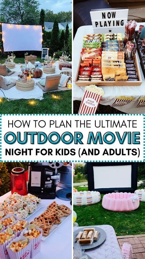 Looking for inspiration to host an unforgettable backyard movie night for kids? Our blog post has you covered with fantastic outdoor movie night ideas, including setting up a popcorn bar, arranging cozy seating, and providing delicious snacks. Create a fun and entertaining movie night that kids will enjoy with our helpful tips and tricks. Movie Night In Backyard Party Ideas, Backyard Birthday Movie Night, Outdoor Family Movie Night, Hosting An Outdoor Movie Night, Backyard Movie Set Up, Seating For Outdoor Movie Night, Outdoor Family Movie Night Ideas, Backyard Movie Ideas, Outdoor Movie Night Snack Ideas