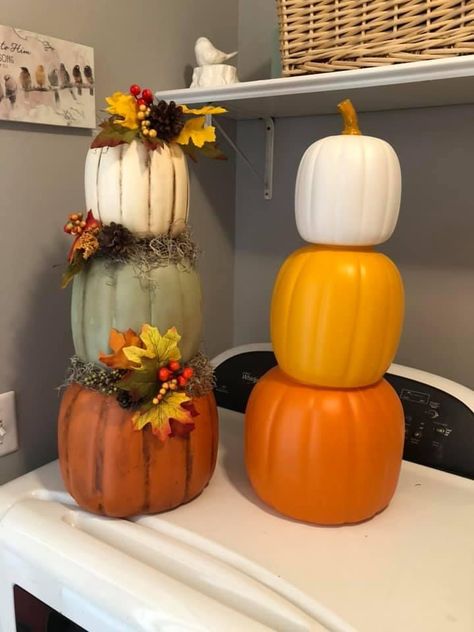 Tiered Pumpkin Decor, 3 Tier Pumpkin Decoration, Stacked Plastic Pumkin Decoration Ideas, Fall Stackable Pumpkins, Fall Stacked Pumpkins Diy, Dollar Store Stacked Pumpkin Crafts, 3 Stacked Pumpkins, Five Below Stacking Pumpkins Ideas, Dollar Store Stacking Pumpkins