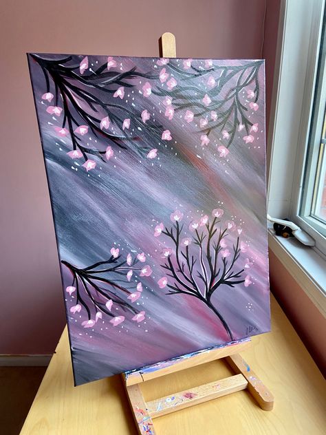 Cherry blossom trees on a pink and grey background. Acrylic painting made by myself, can be found @AuracleTreasures on Etsy! 🫶🏻 Pink And Grey Background, Background Acrylic Painting, Black Background Painting, Colourful Background, Diy Canvas Art Easy, Blossom Painting, Brampton Ontario, Cherry Blossom Painting, Whimsical Art Paintings