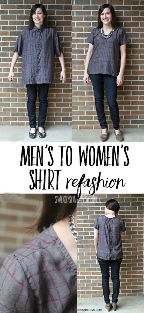 Men's Shirt to women's shirt refashion - see how to transform a baggy button-up into a chic shirt in this sewing refashion! #refashion Umgestaltete Shirts, Mens Shirt Refashion, Thrift Store Makeover, Thrift Store Refashion, Trendy Sewing, Shirt Refashion, Sewing Projects For Beginners, Refashion Clothes, Women's Shirt