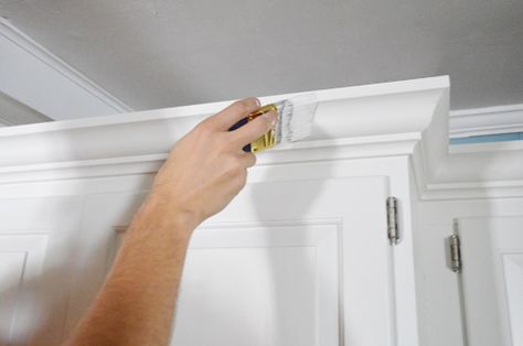 Young House Love | How To Add Crown Molding To The Top Of Your Cabinets | http://www.younghouselove.com Kitchen Cabinet Molding, Kitchen Cabinet Crown Molding, Cabinet Molding, Young House Love, New Kitchen Cabinets, Kitchen Cabinets Makeover, Interior Painting, Kitchen Redo, Kitchen Cabinetry