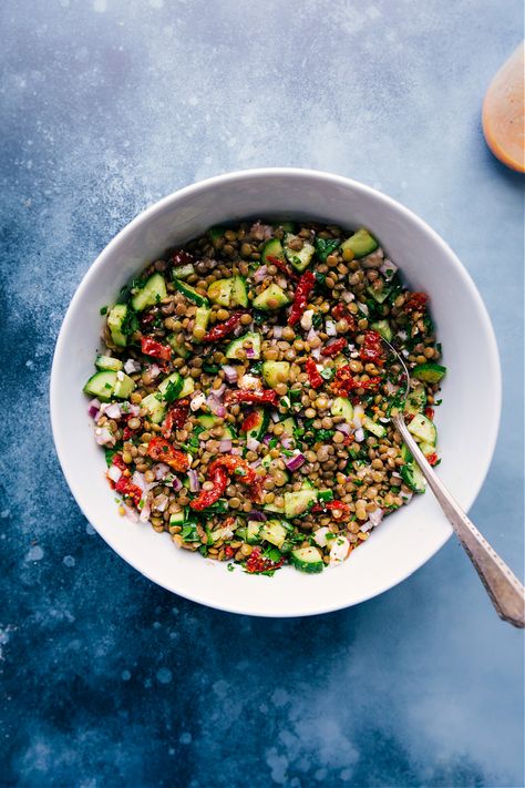 Lentil Salad (BEST Lemon Dressing!) | Chelsea's Messy Apron Lemon Lentil Salad, Lentil Feta Salad, Cold Lentil Salad, Lentil Salad Recipes, Cold Salads, Canned Lentils, Chelsea's Messy Apron, Dried Lentils, Paleo Meals