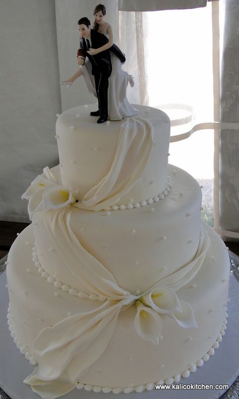 Wedding Cakes- 3 tier, fondant, draped fondant, lilies Layer Wedding Cake, Cakes Without Fondant, Wedding Cake Simple Elegant, Fancy Wedding Cakes, Cake Elegant, Wedding Cake Pearls, Funny Wedding Cakes, Beautiful Wedding Cake, Wedding Anniversary Cakes