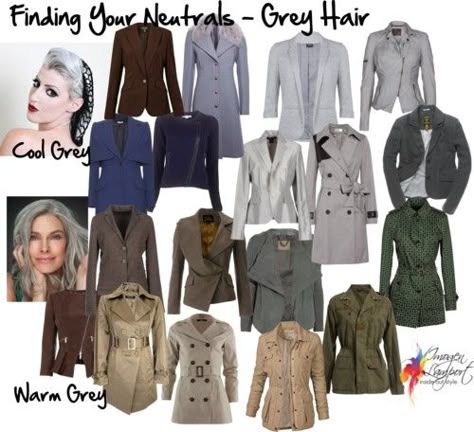 What's your best neutral if you have gray hair? These are some good options based on your skin tone temperature. But it does happen that someone with a warm skin tone turns steely gray too, and then the fun begins! Inside Out Style, Salt And Pepper Hair, Warm Skin Tone, Winter Typ, Cool Winter, Silver Grey Hair, Seasonal Color Analysis, Color Me Beautiful, Super Hair