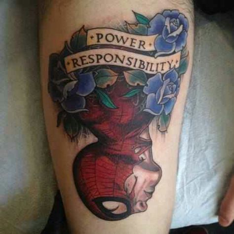 With great power comes great responsibility Rocket Tattoo, Spiderman Tattoo, Great Power Comes Great Responsibility, Red Rocket, Marvel Tattoos, Wild Tattoo, Geek Tattoo, Thigh Piece, Leg Tattoos Women